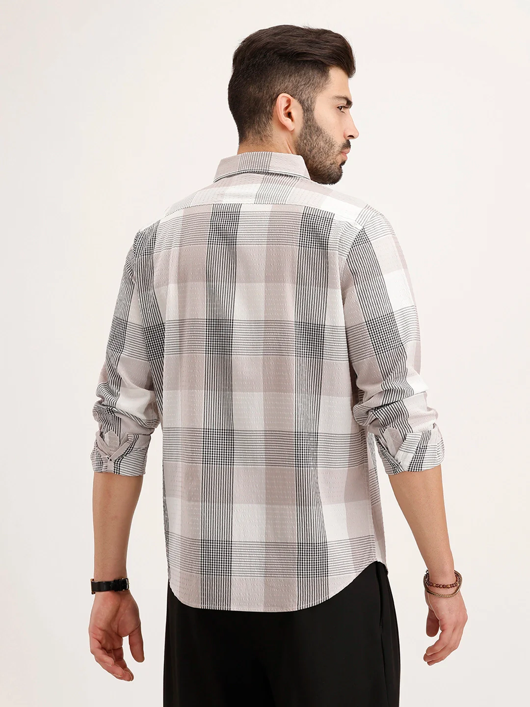 Textured Slim Fit Checkered Shirt | Grey - Image 3