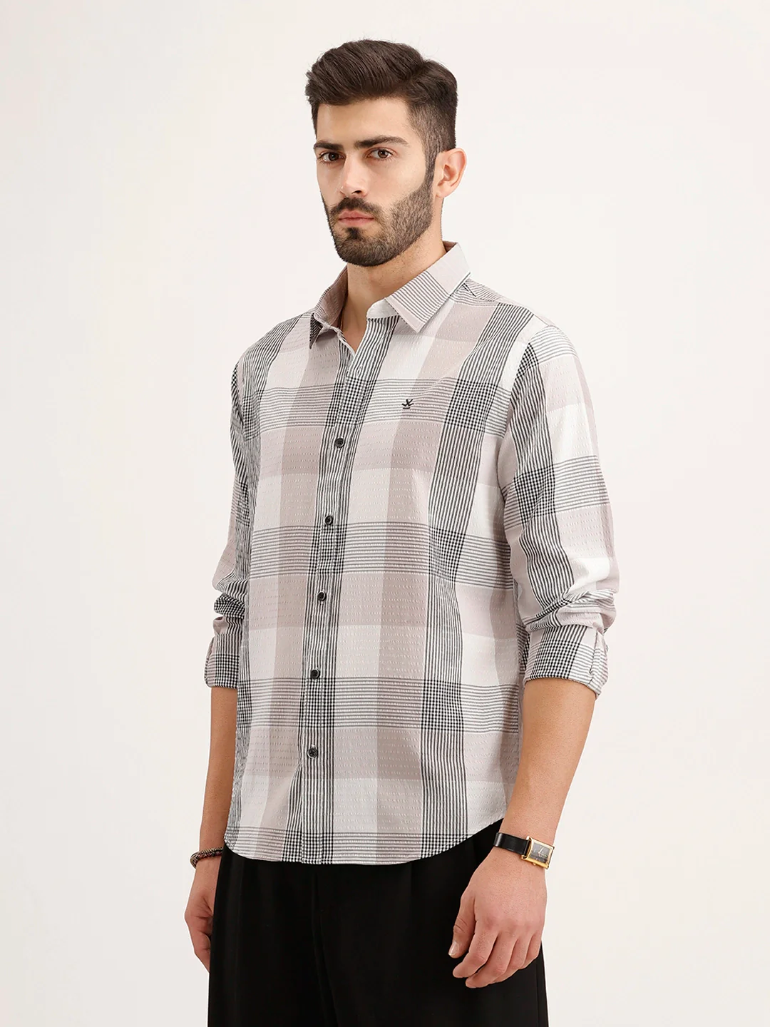 Textured Slim Fit Checkered Shirt | Grey - Image 4