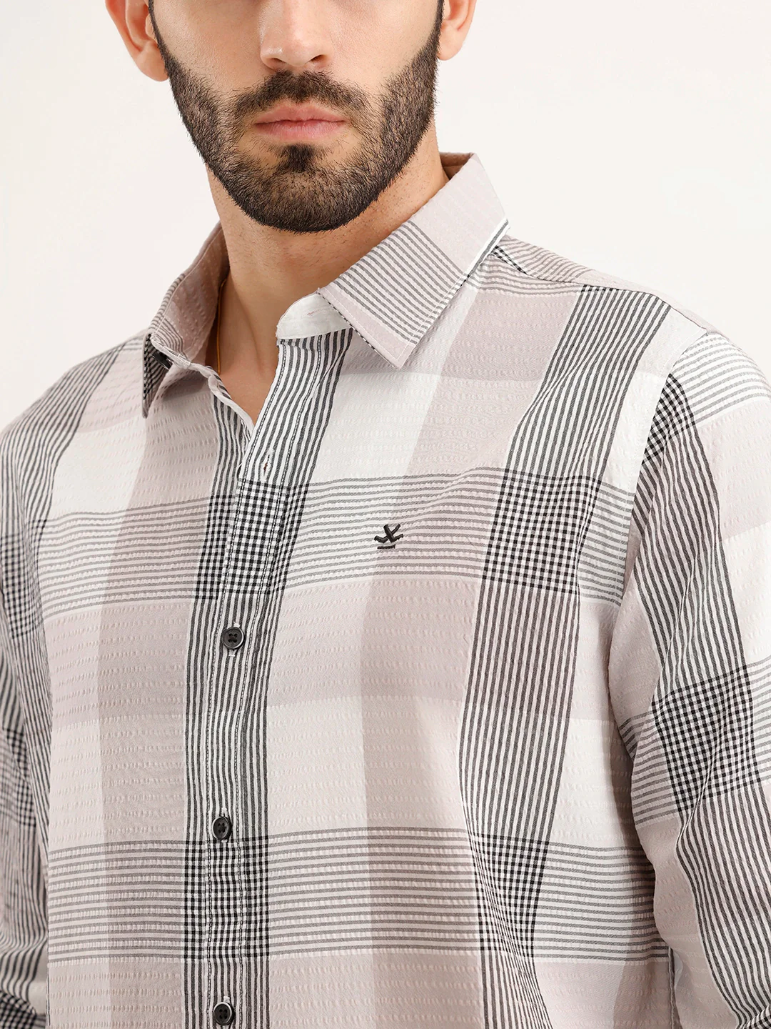Textured Slim Fit Checkered Shirt | Grey - Image 5