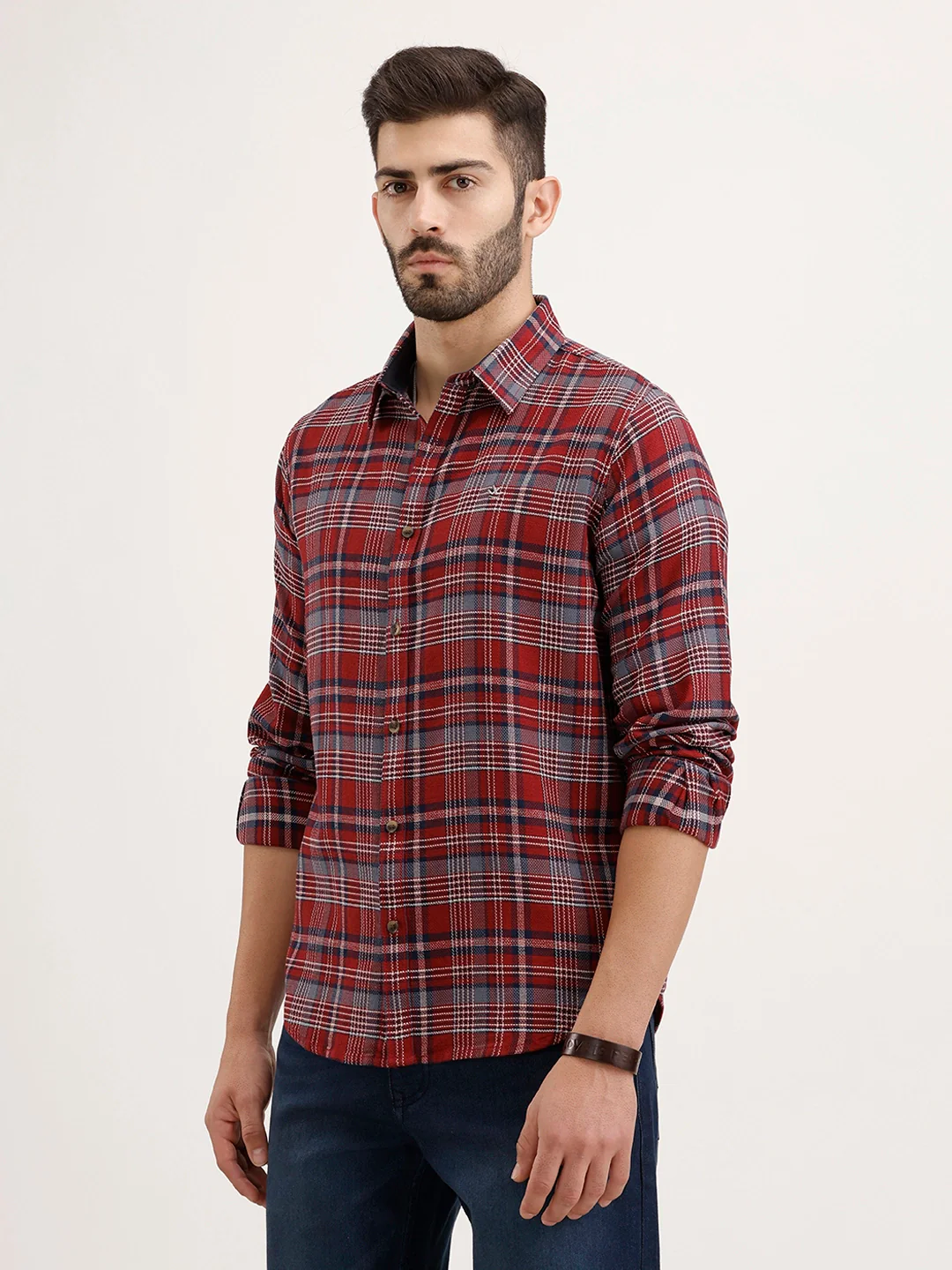 Textured Slim Fit Checkered Shirt | Maroon - Image 4