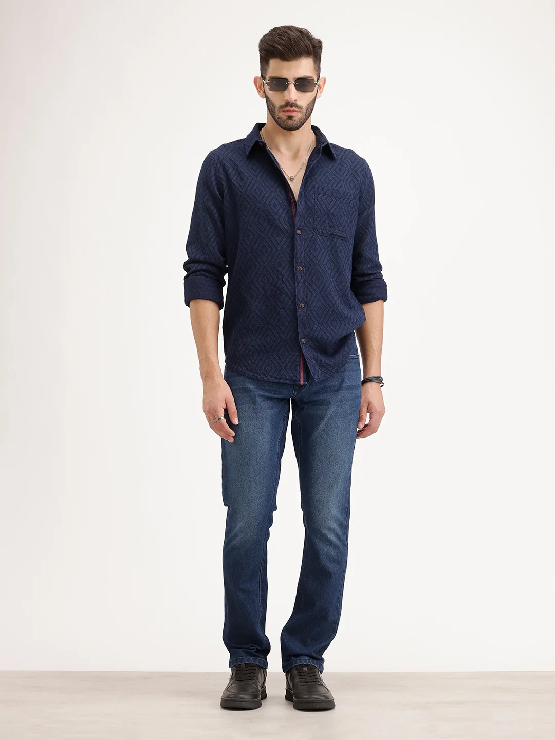 Textured Slim Fit Full Sleeve Shirt | Navy Blue - Image 2