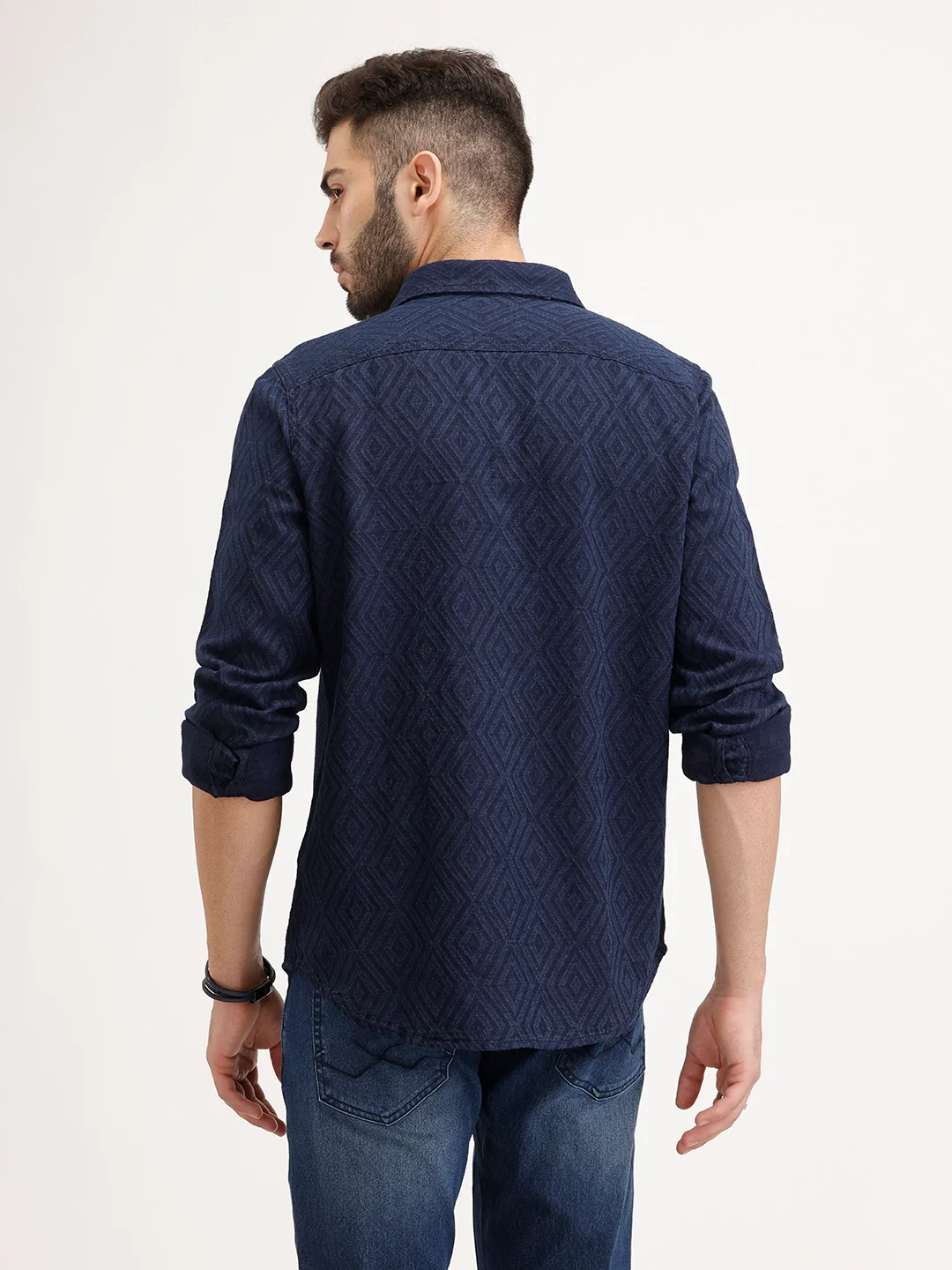 Textured Slim Fit Full Sleeve Shirt | Navy Blue - Image 3