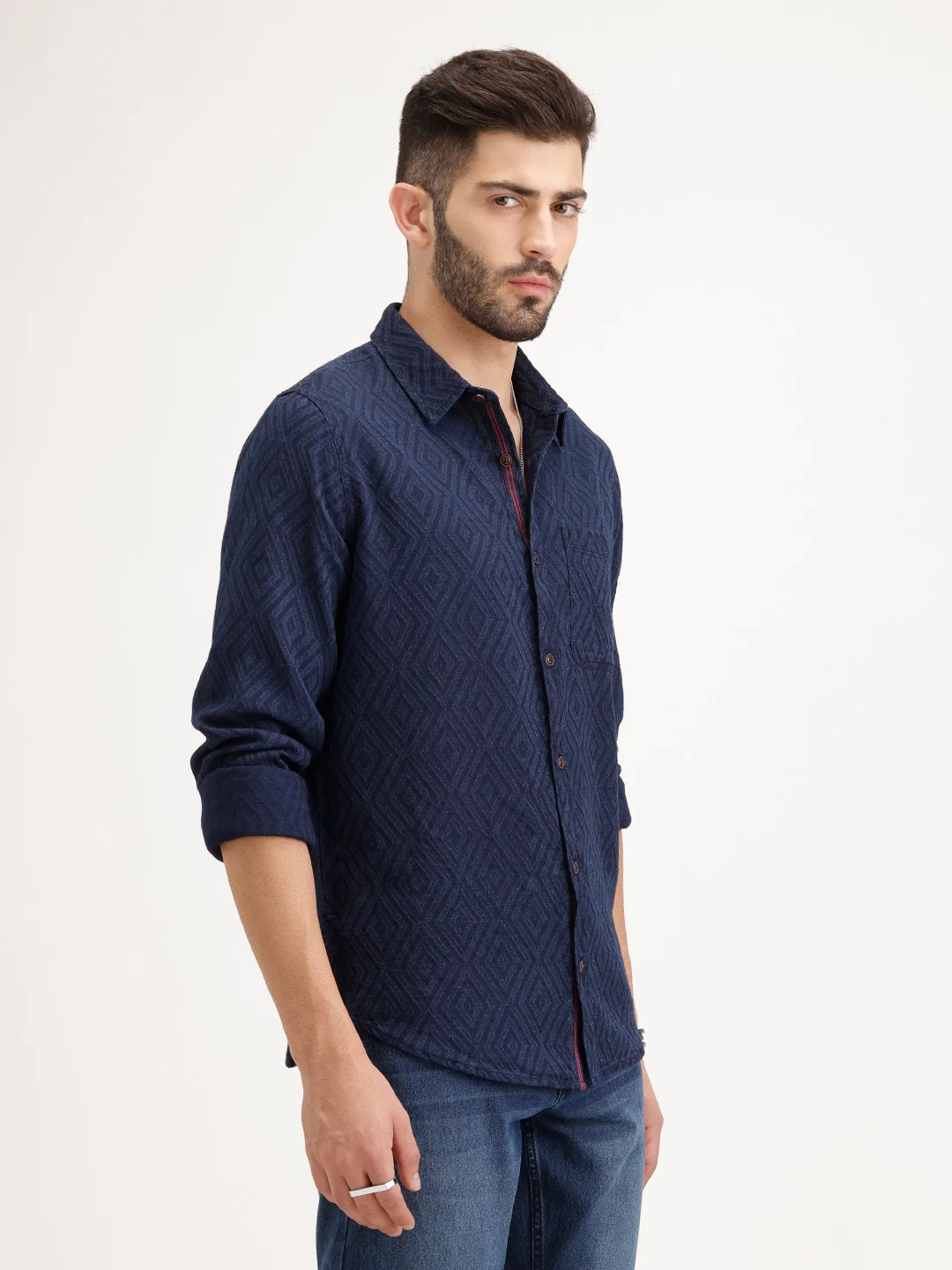 Textured Slim Fit Full Sleeve Shirt | Navy Blue - Image 4