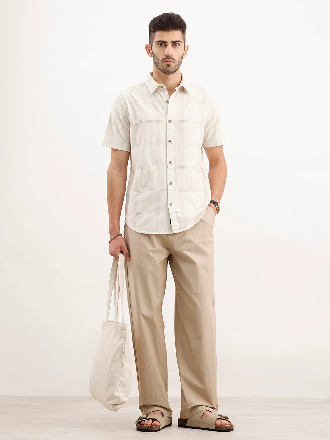 Textured Slim Fit Half Sleeved Shirt | Off White - Image 2