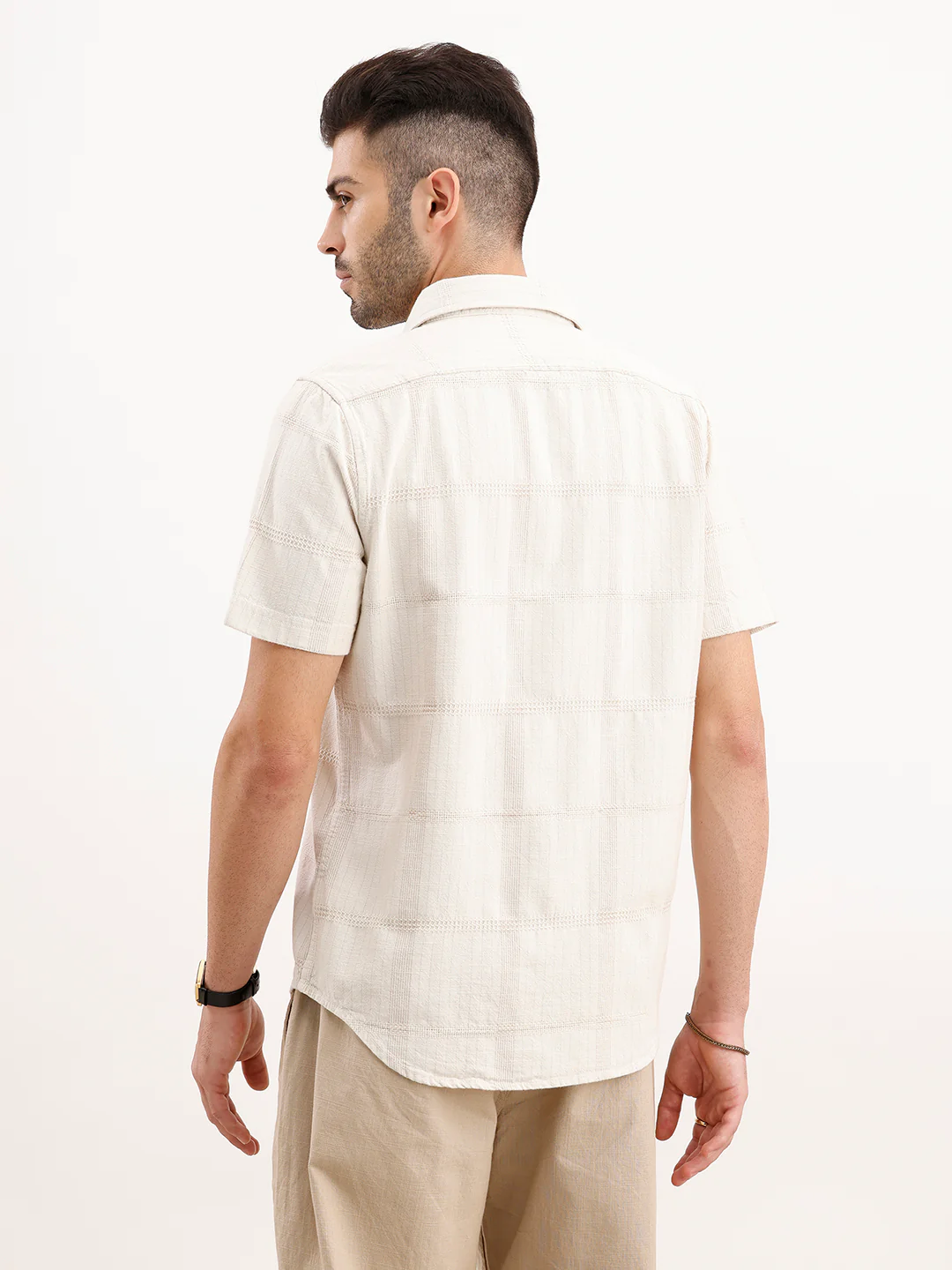 Textured Slim Fit Half Sleeved Shirt | Off White - Image 3