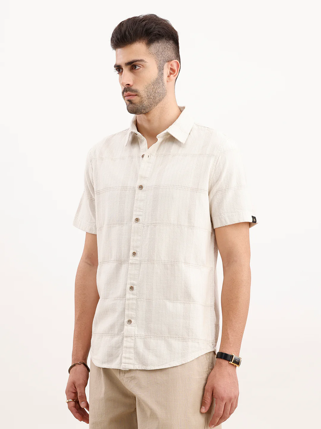 Textured Slim Fit Half Sleeved Shirt | Off White - Image 4