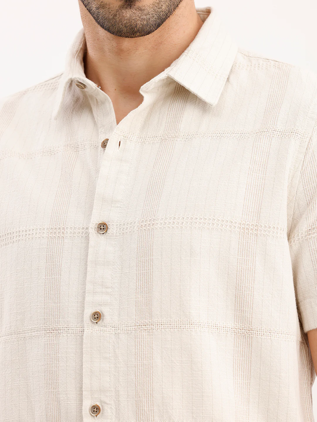 Textured Slim Fit Half Sleeved Shirt | Off White - Image 5