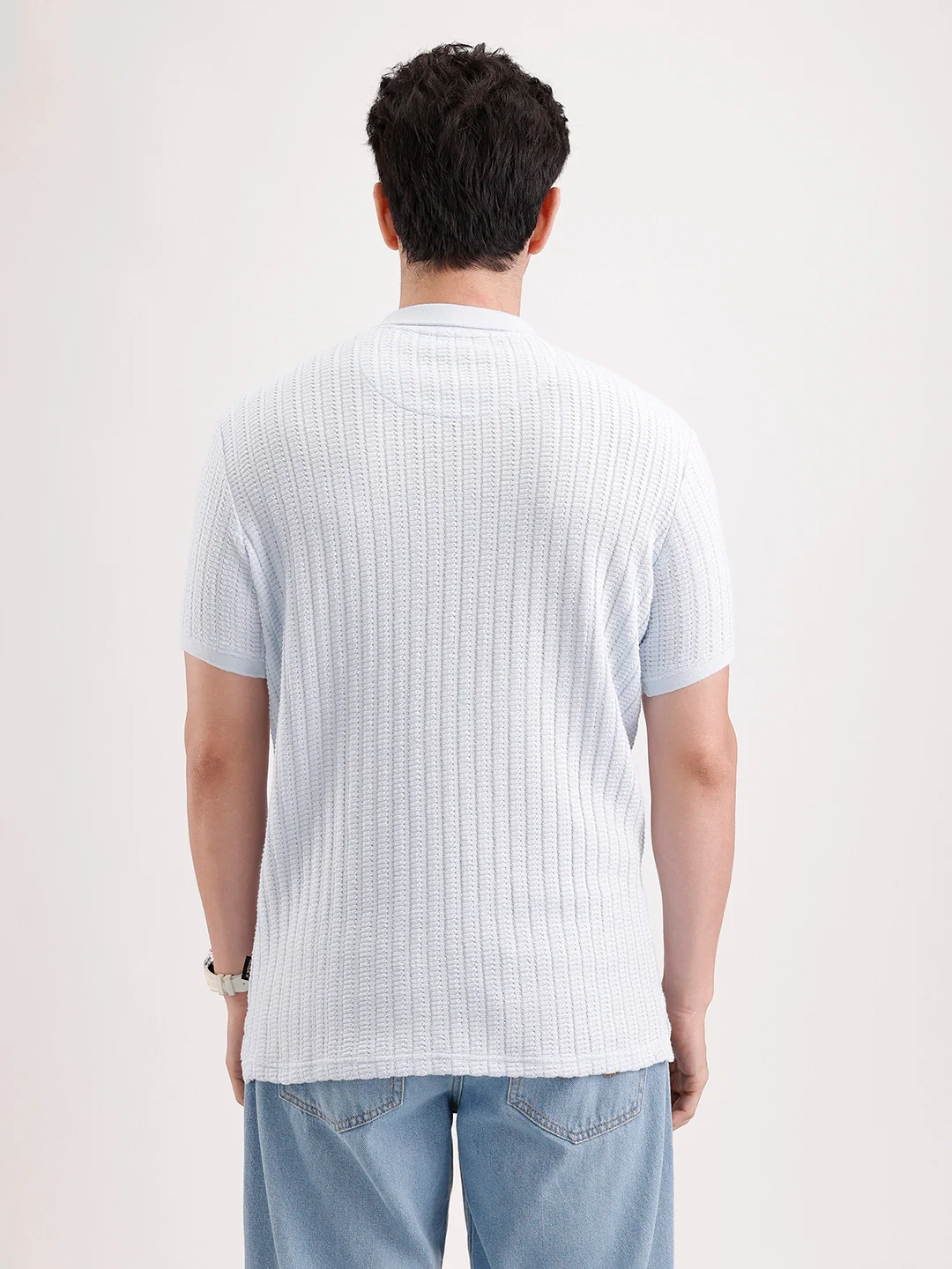 Textured Slim Fit Polo T-Shirt  | Light Blue - Image 3