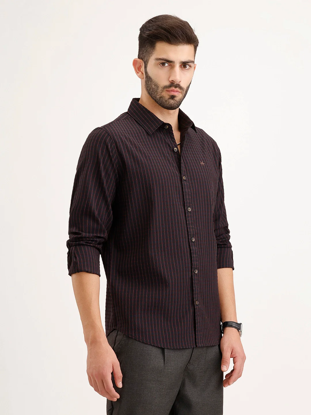 Textured Slim Fit Striped Shirt | Black - Image 4
