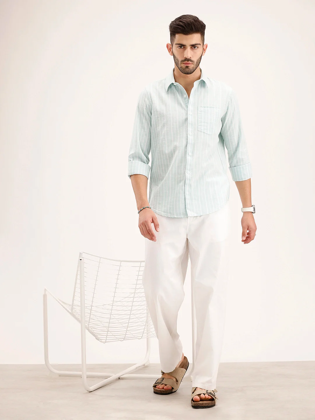 Textured Slim Fit Striped Shirt | Light Green - Image 2
