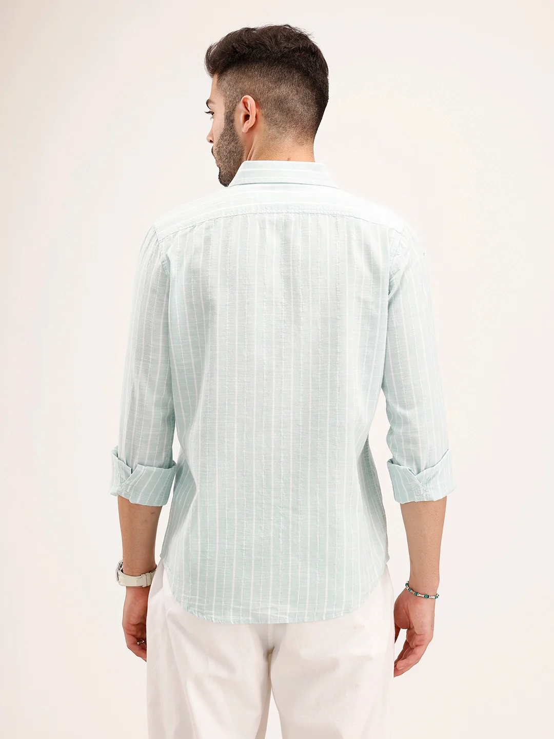 Textured Slim Fit Striped Shirt | Light Green - Image 3