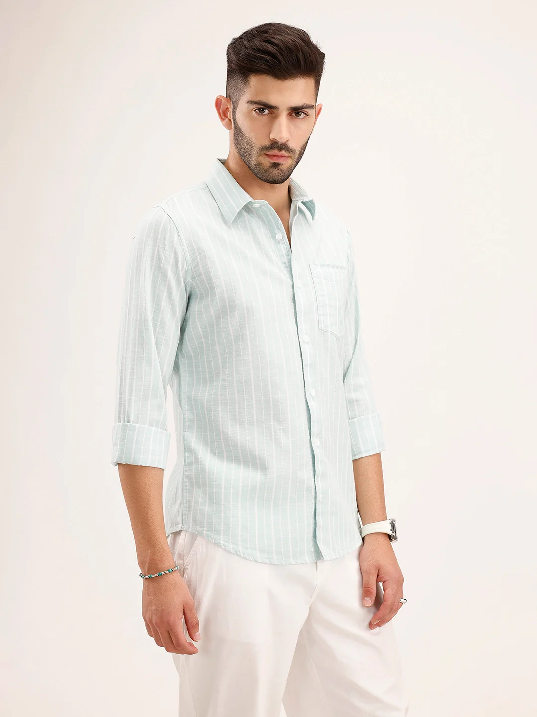 Textured Slim Fit Striped Shirt | Light Green - Image 4