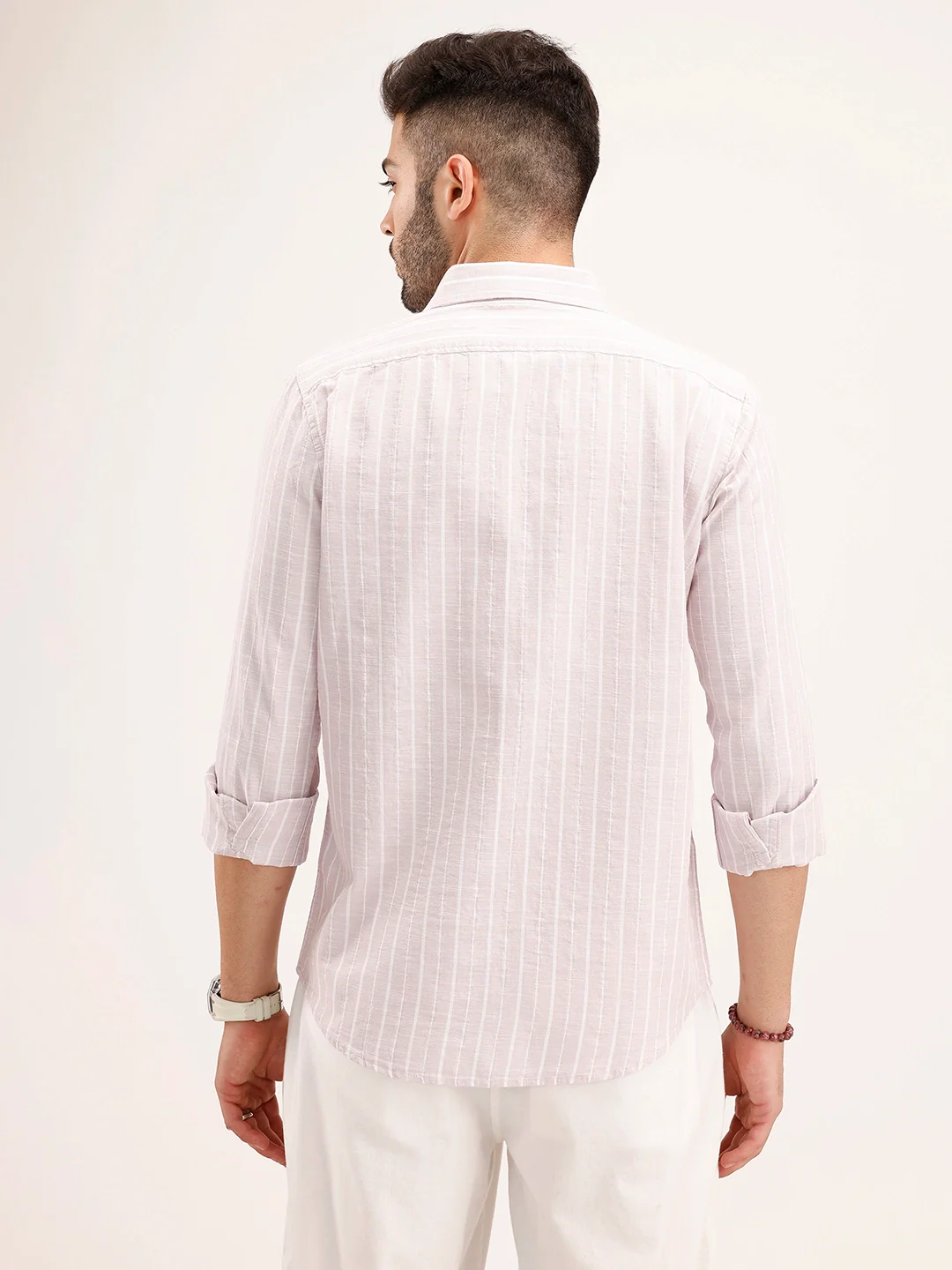 Textured Slim Fit Striped Shirt | Pink - Image 3