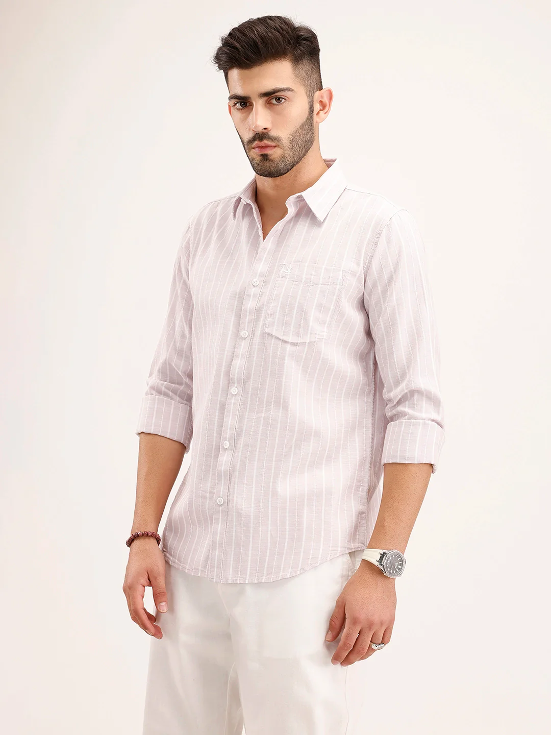 Textured Slim Fit Striped Shirt | Pink - Image 4