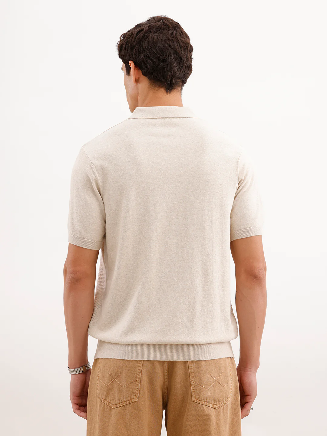 Textured Slim Fit T-Shirt  | Ecru - Image 3