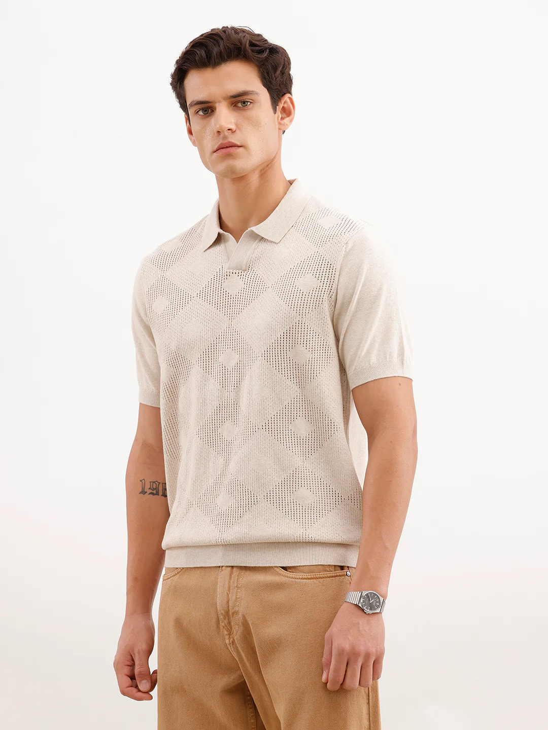 Textured Slim Fit T-Shirt  | Ecru - Image 4