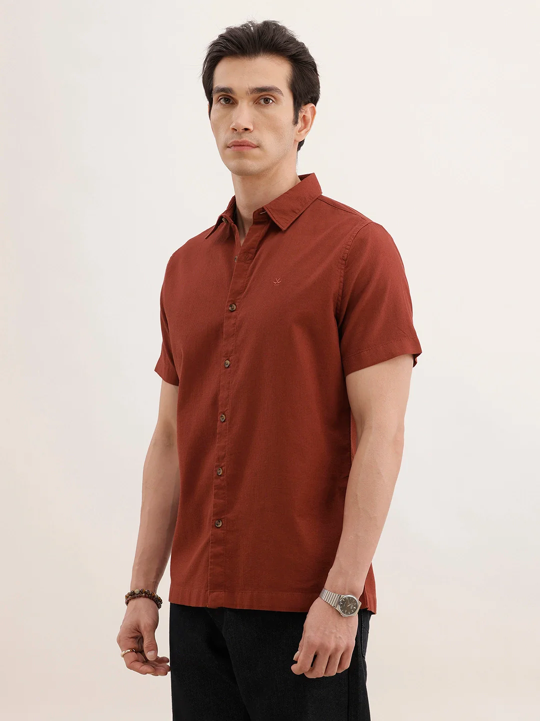 Textured Solid Regular Fit Shirt | Brown - Image 4
