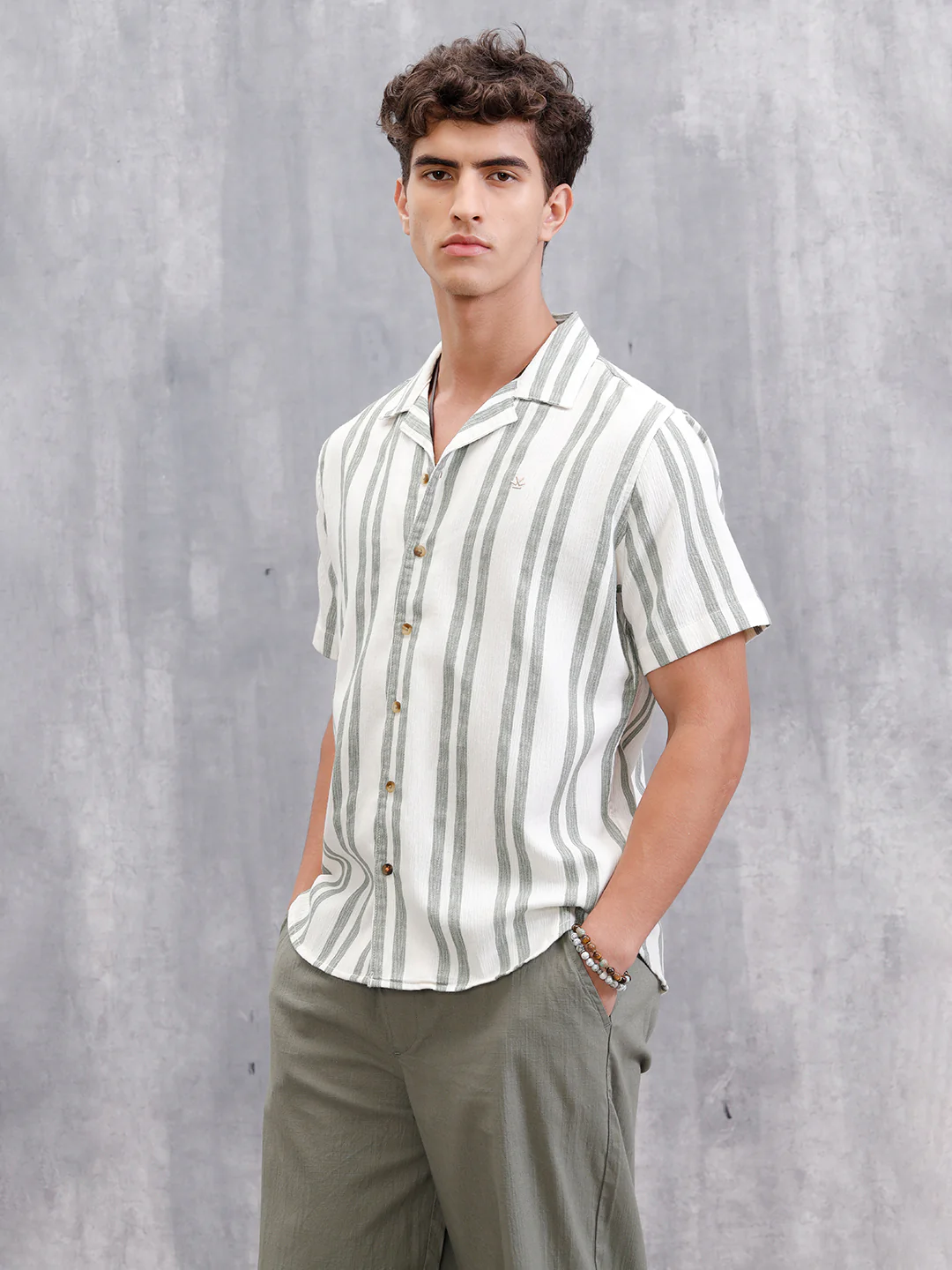 Textured Stripe Shirt In Resort Collar | Green - Image 5