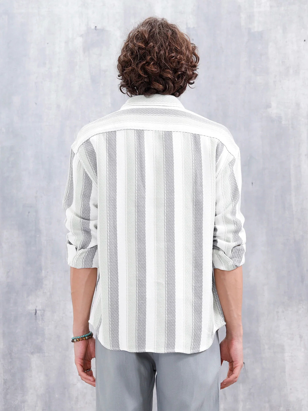 Textured Striped Double Pocket Oevrsized Fit Shirt | Green - Image 3