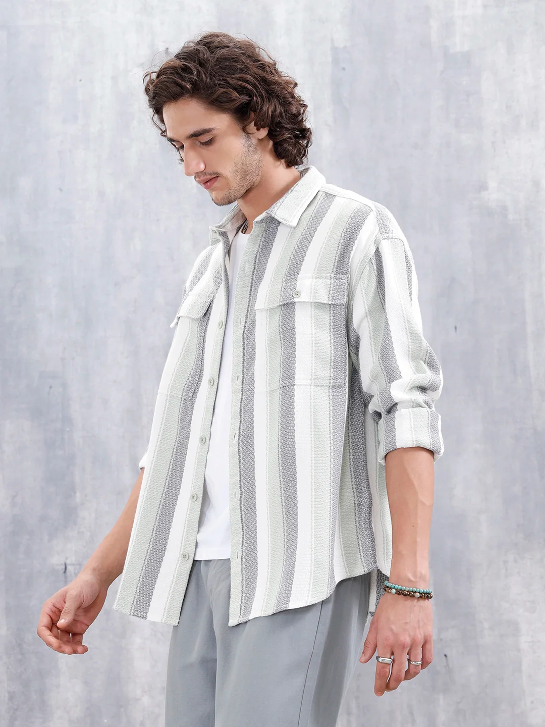 Textured Striped Double Pocket Oevrsized Fit Shirt | Green - Image 4