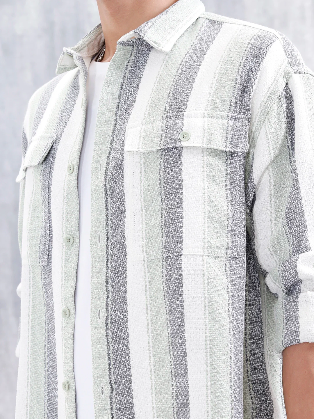 Textured Striped Double Pocket Oevrsized Fit Shirt | Green - Image 5