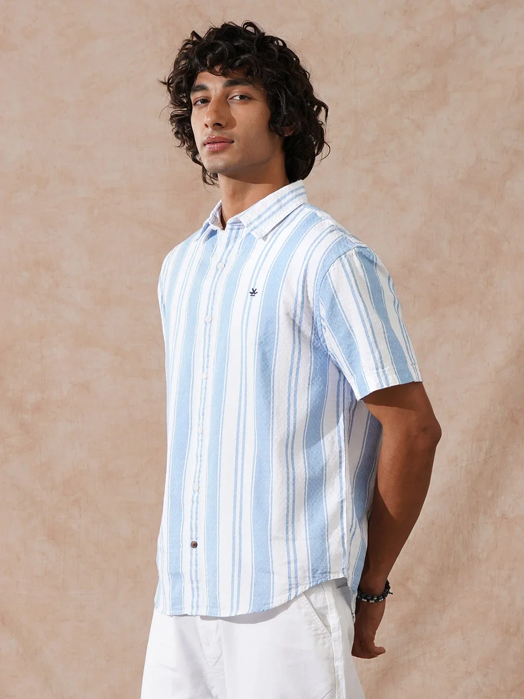 Textured Stripes Comfort Fit Shirt | Blue - Image 5
