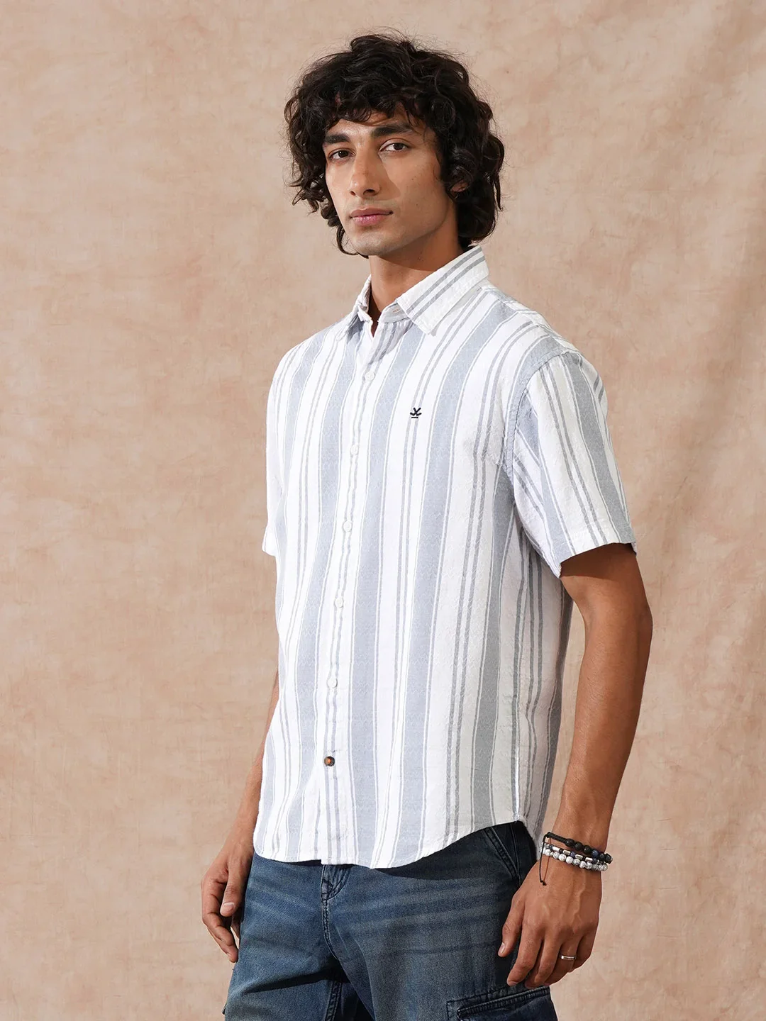 Textured Stripes Comfort Fit Shirt | Grey - Image 5