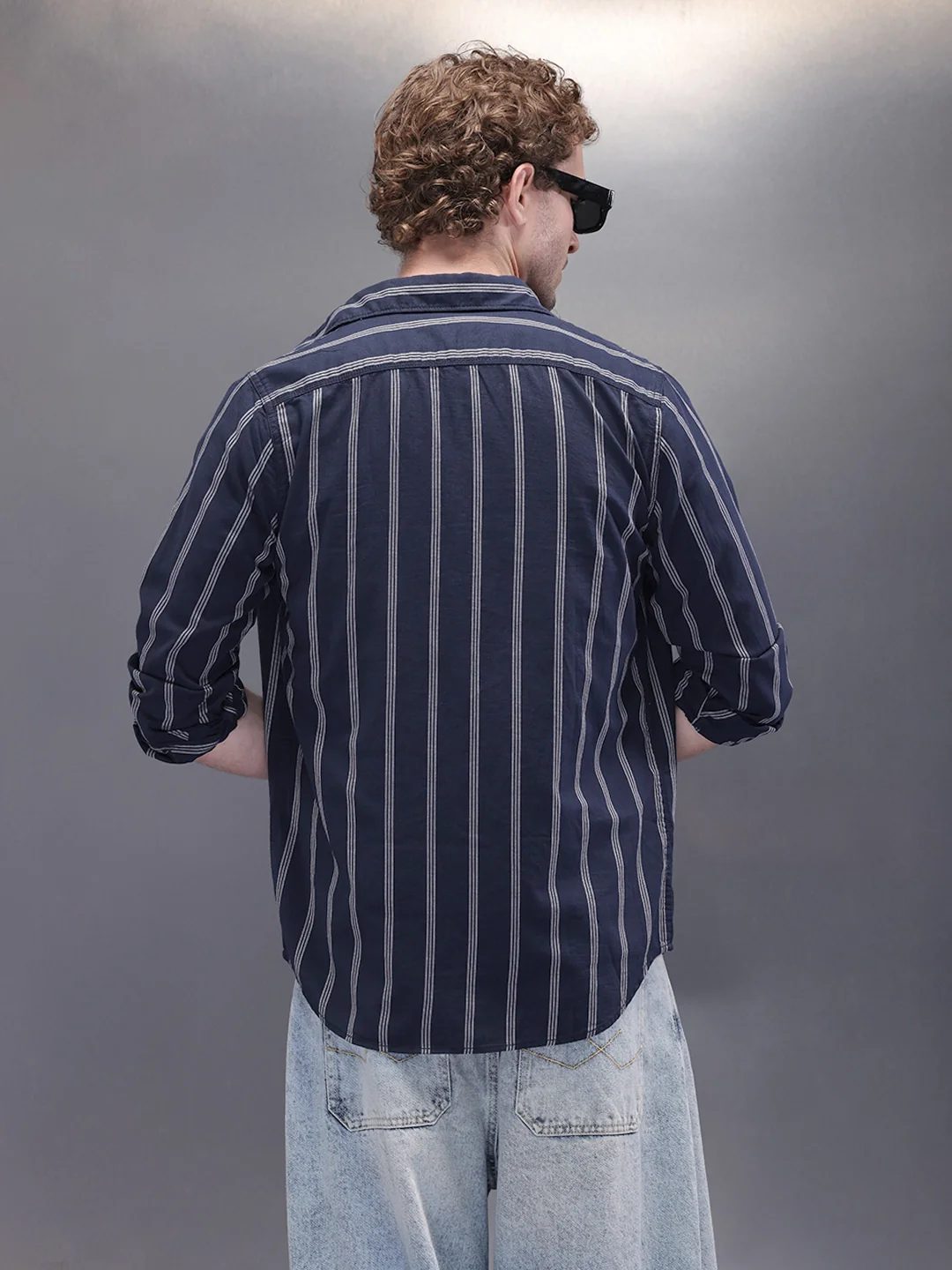 Textured Stripes Open Dobby Shirt | Navy Blue - Image 3