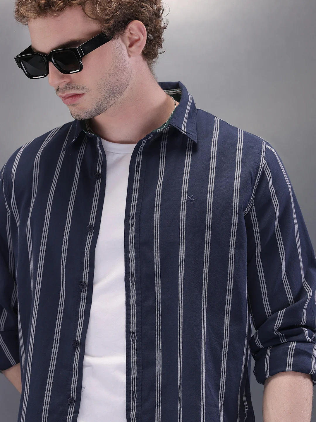 Textured Stripes Open Dobby Shirt | Navy Blue - Image 5