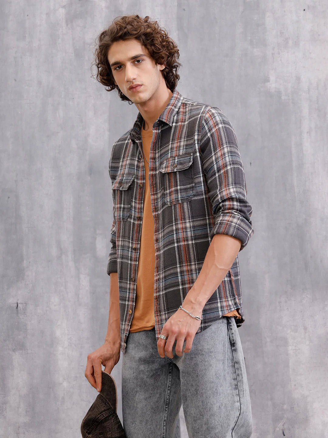 Textured Utility Check Shirt In Slim Fit  | Dark Grey - Image 3
