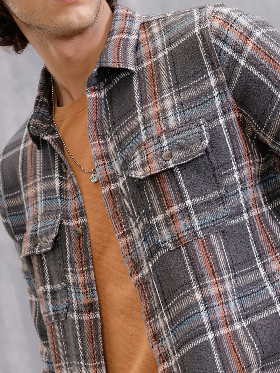 Textured Utility Check Shirt In Slim Fit  | Dark Grey - Image 6