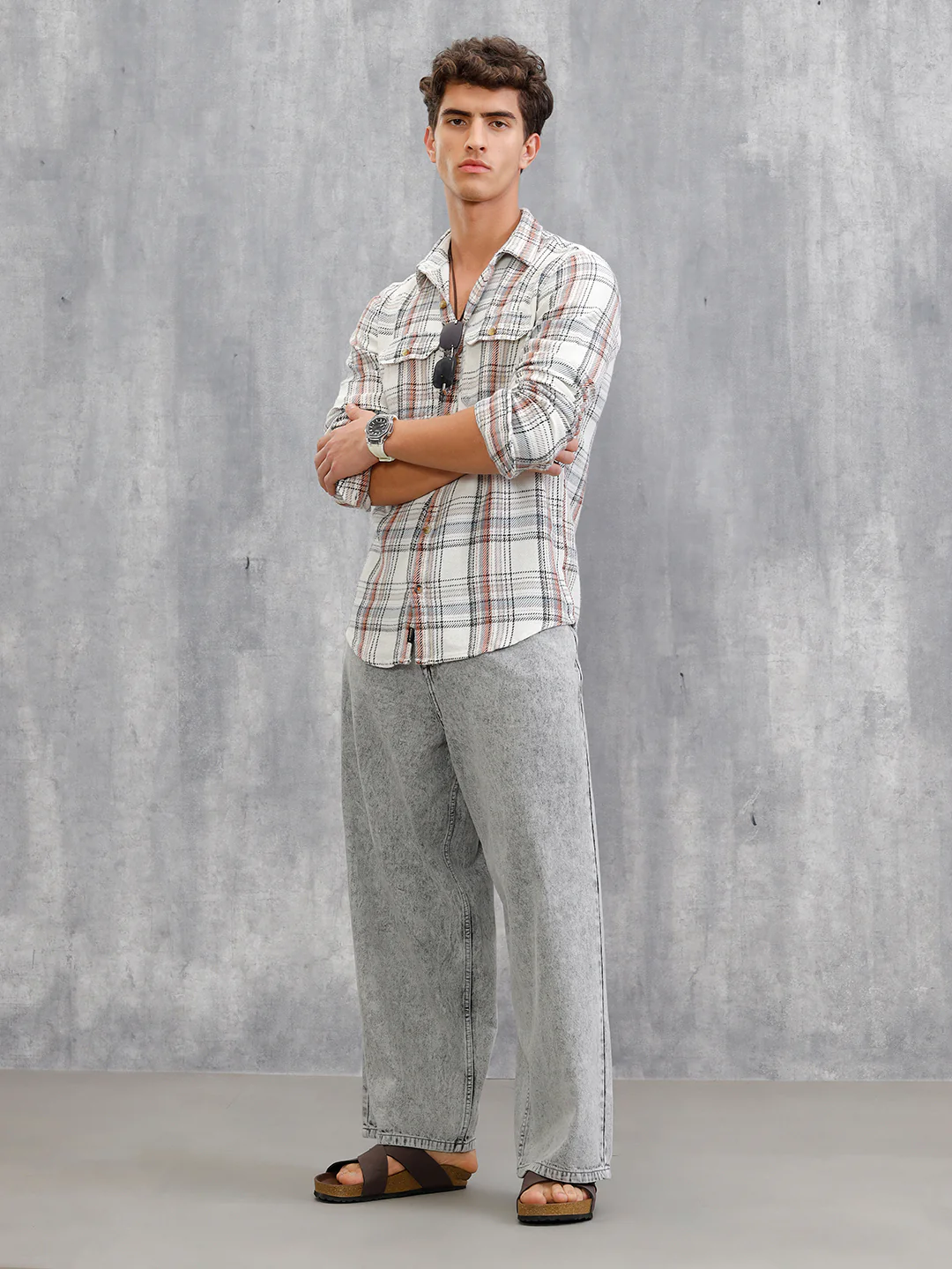 Textured Utility Check Shirt In Slim Fit | White - Image 2