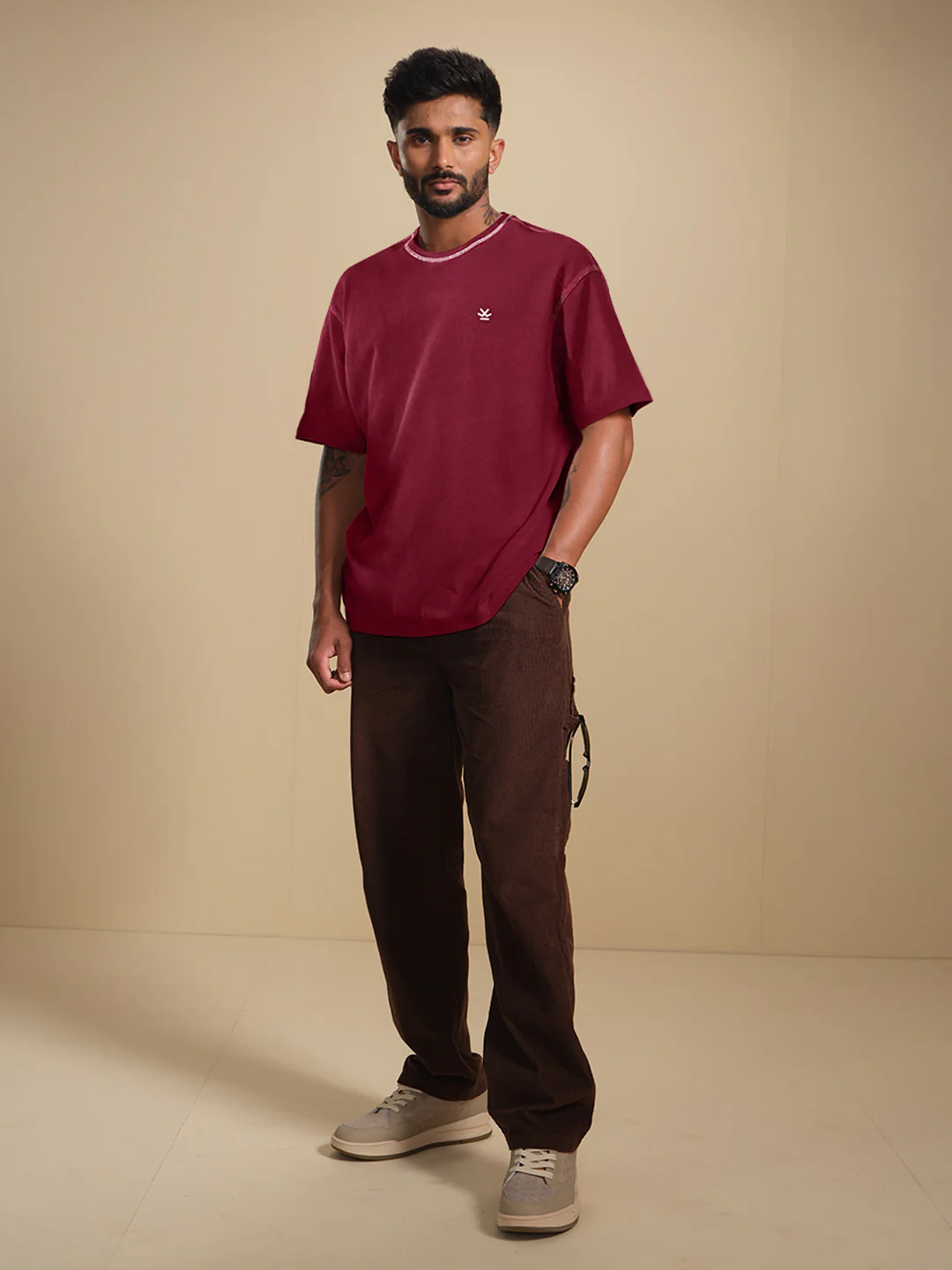 Textured Waffle Knit T-Shirt | Maroon - Image 2
