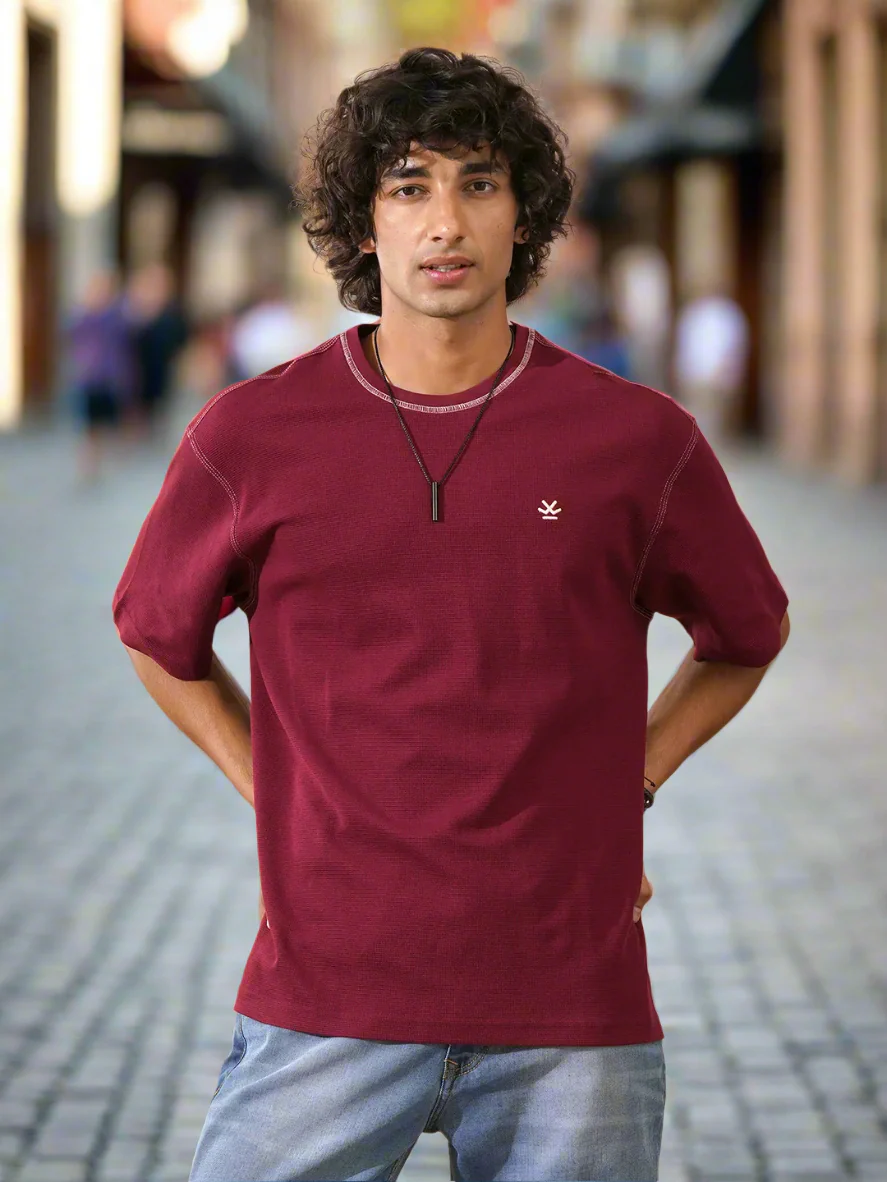 Textured Waffle Knit T-Shirt | Maroon - Image 3