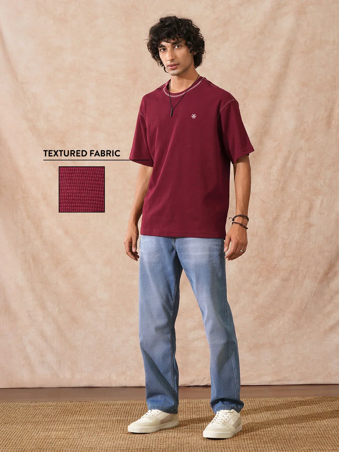 Textured Waffle Knit T-Shirt | Maroon - Image 4