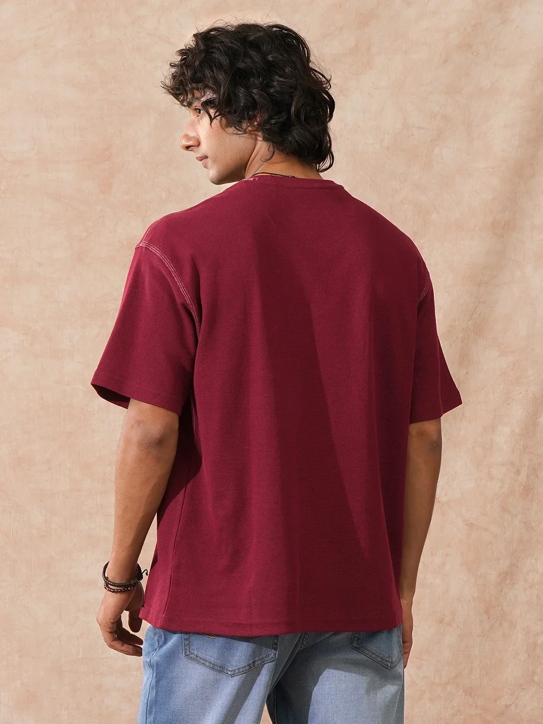 Textured Waffle Knit T-Shirt | Maroon - Image 5
