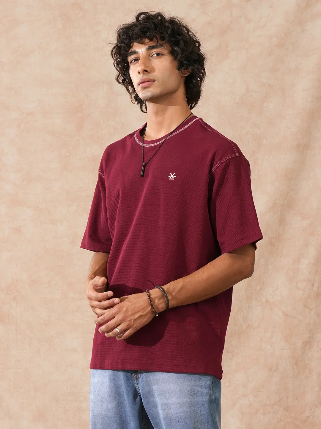 Textured Waffle Knit T-Shirt | Maroon - Image 6