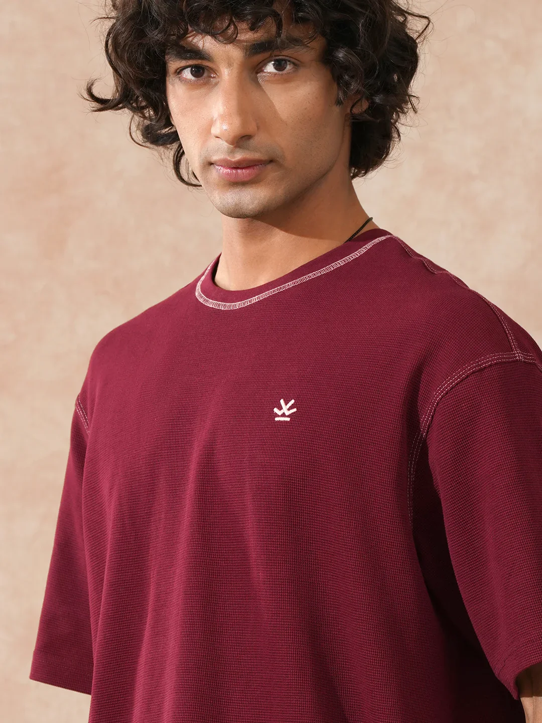 Textured Waffle Knit T-Shirt | Maroon - Image 7