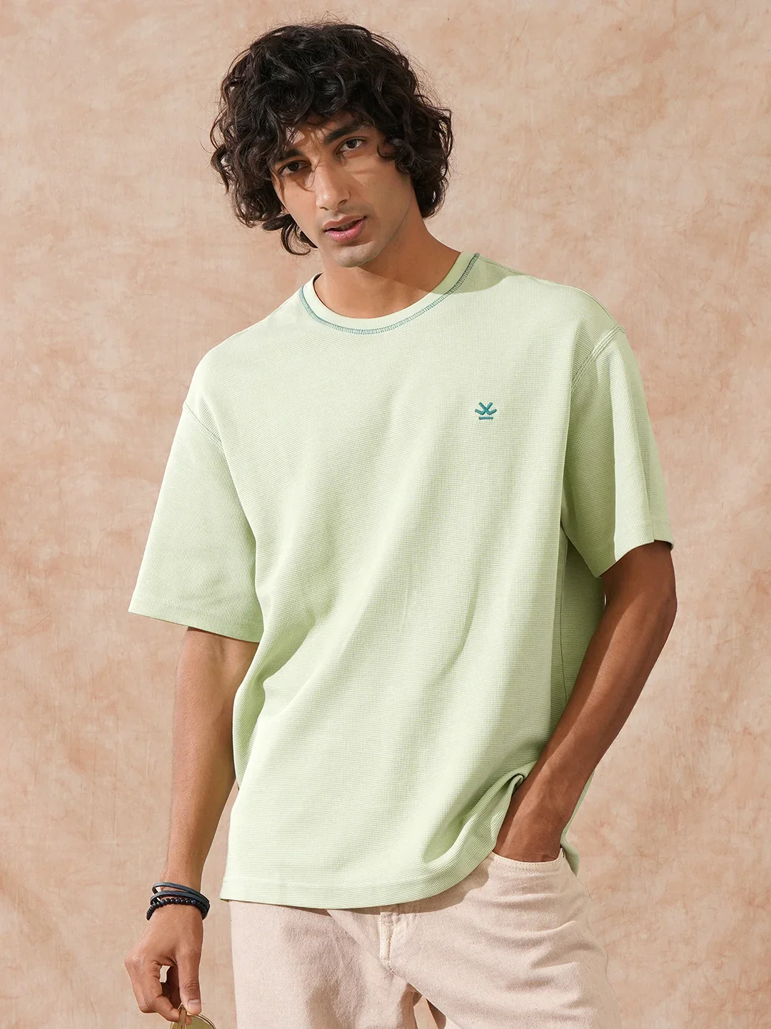 Textured Waffle Knit T-Shirt | Sage - Image 2