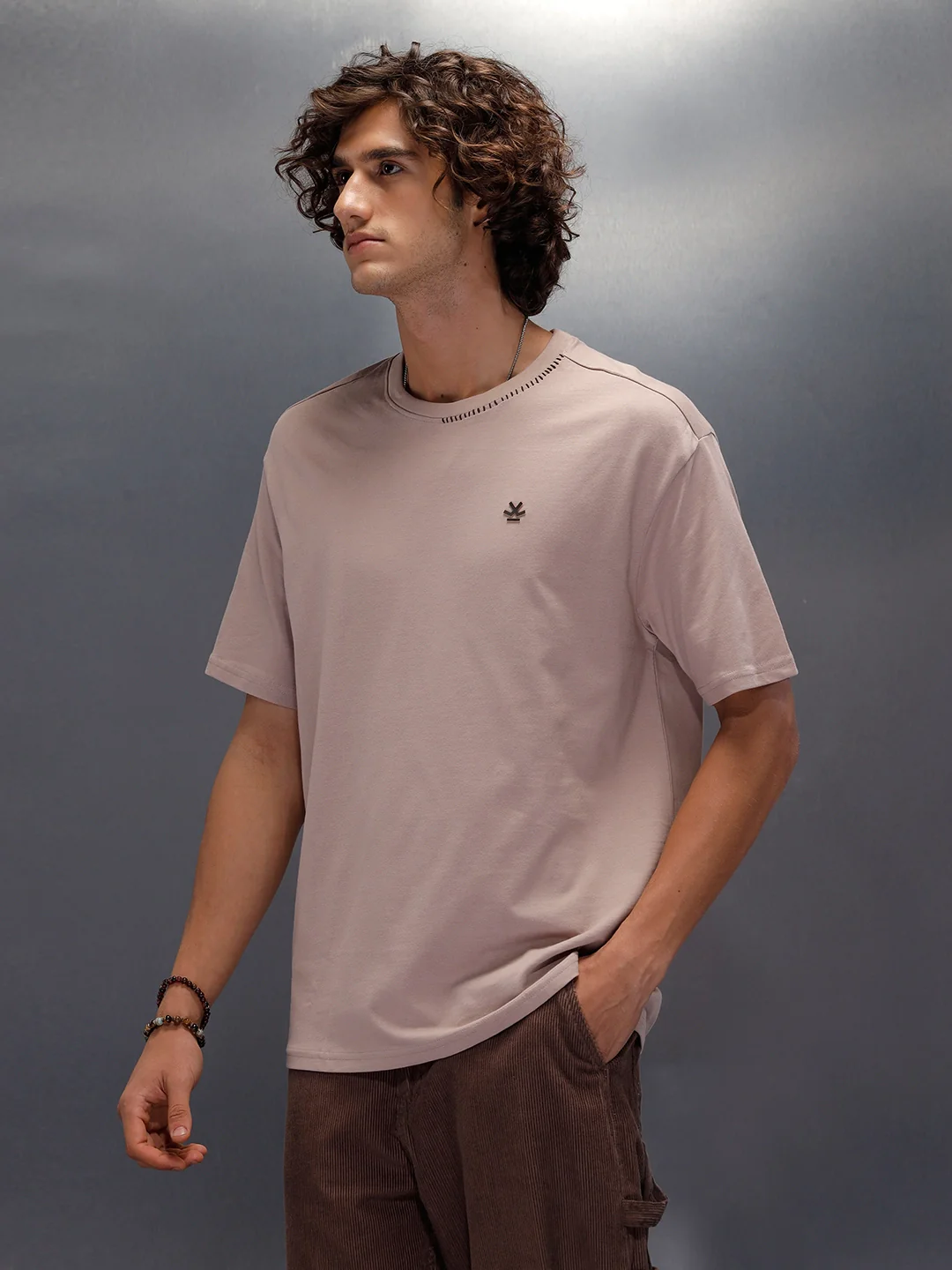 Thread-Detailed Crew Neck Oversized Tee With Back Print | Brown - Image 4