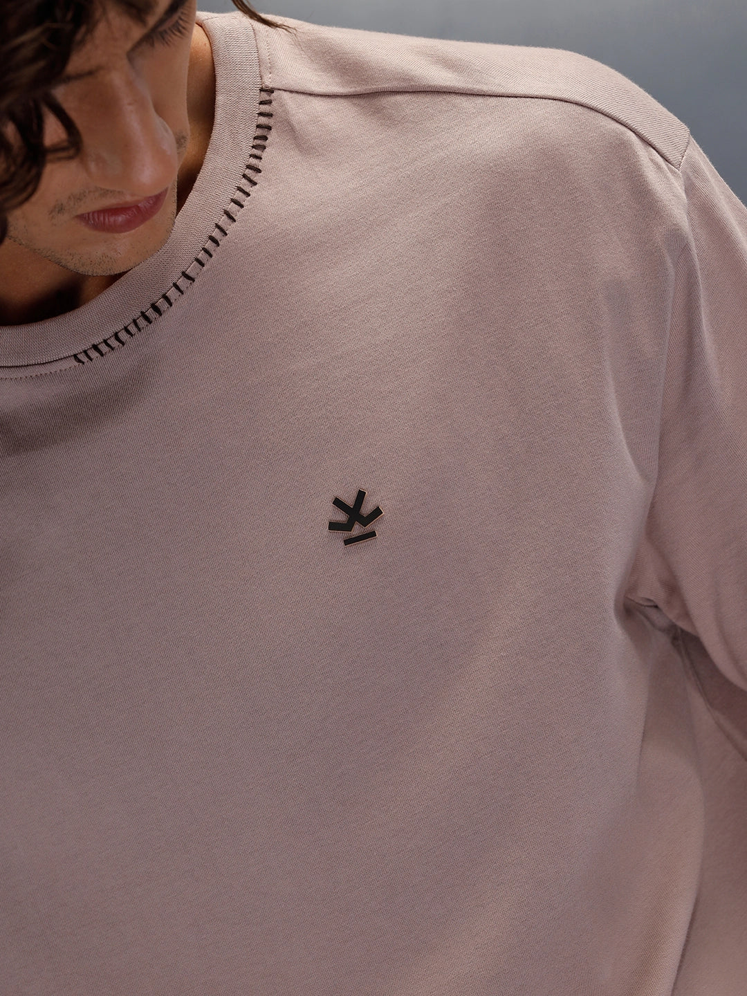 Thread-Detailed Crew Neck Oversized Tee With Back Print | Brown - Image 5