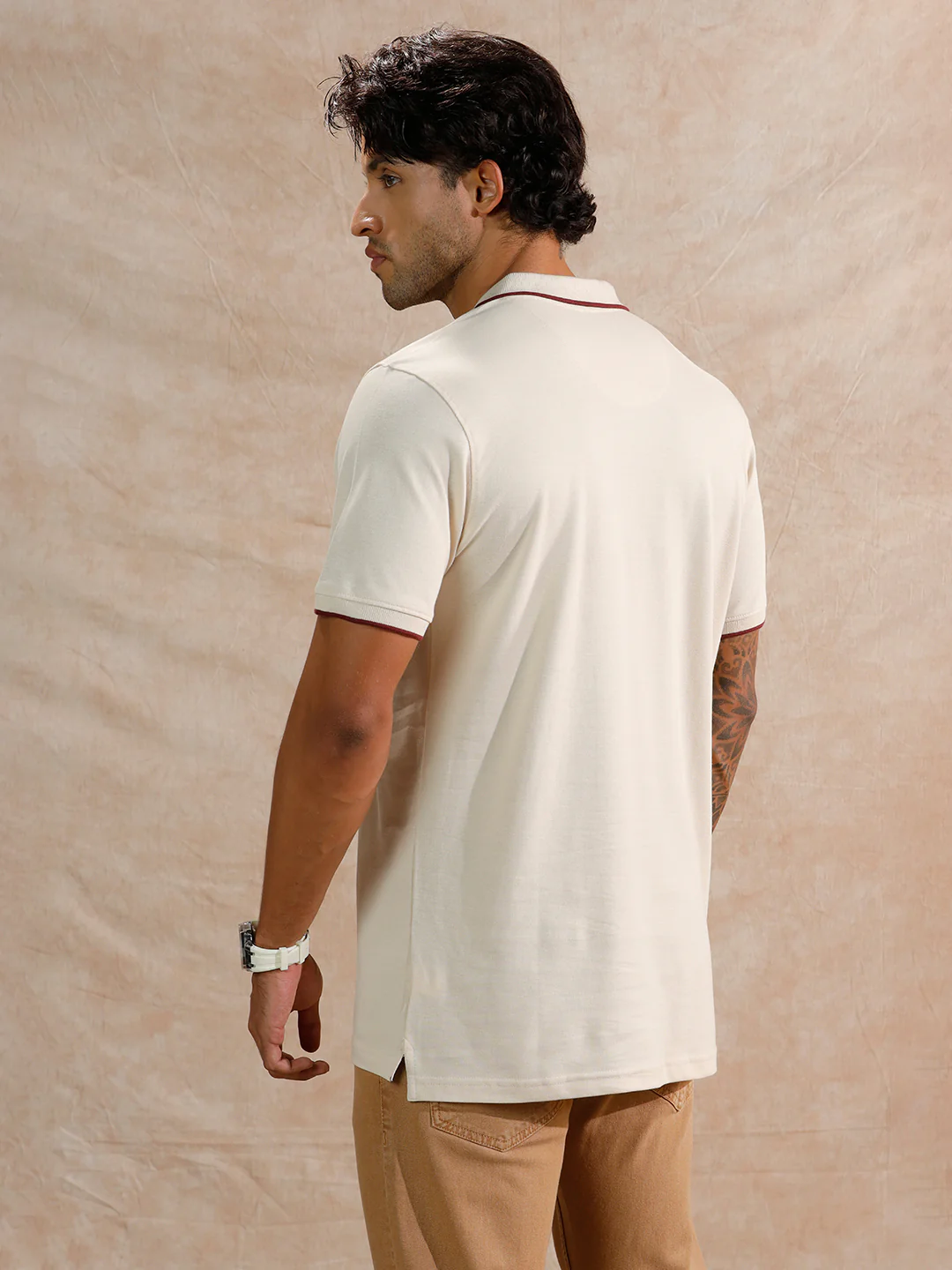 Tipping Collar Slim Fit Polo T-Shirt | Beige - Image 3