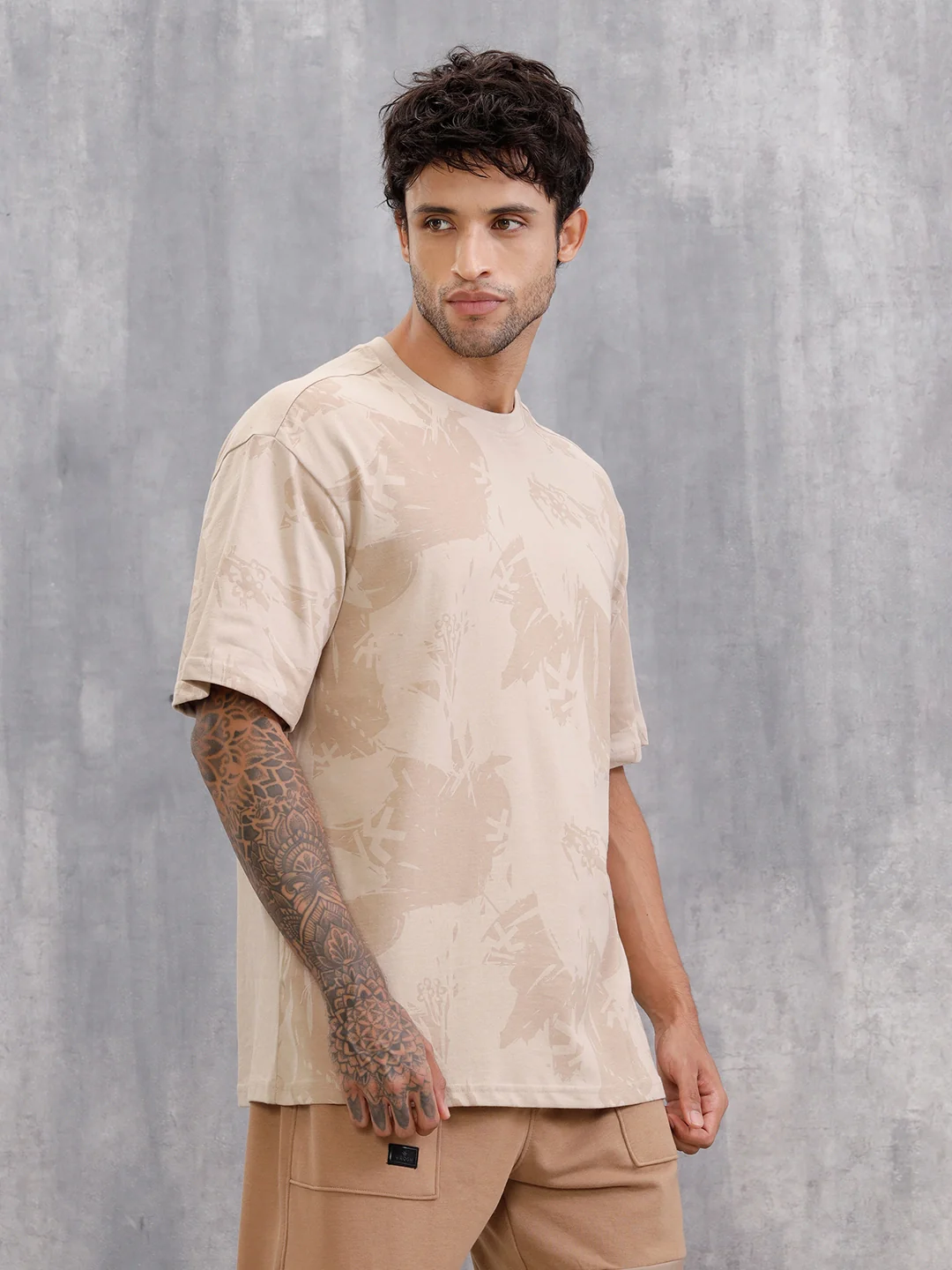 Tonal Aop Printed Oversized Fit T-shirt  | Khaki - Image 4