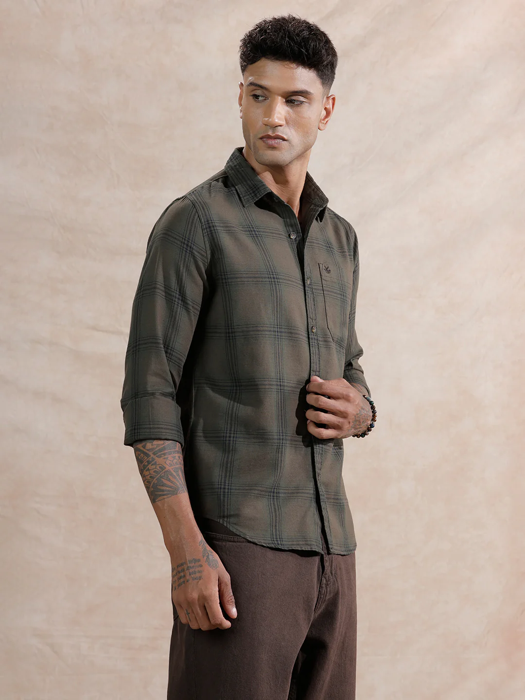 Tonal Checks Regular Fit Shirt | Olive - Image 4