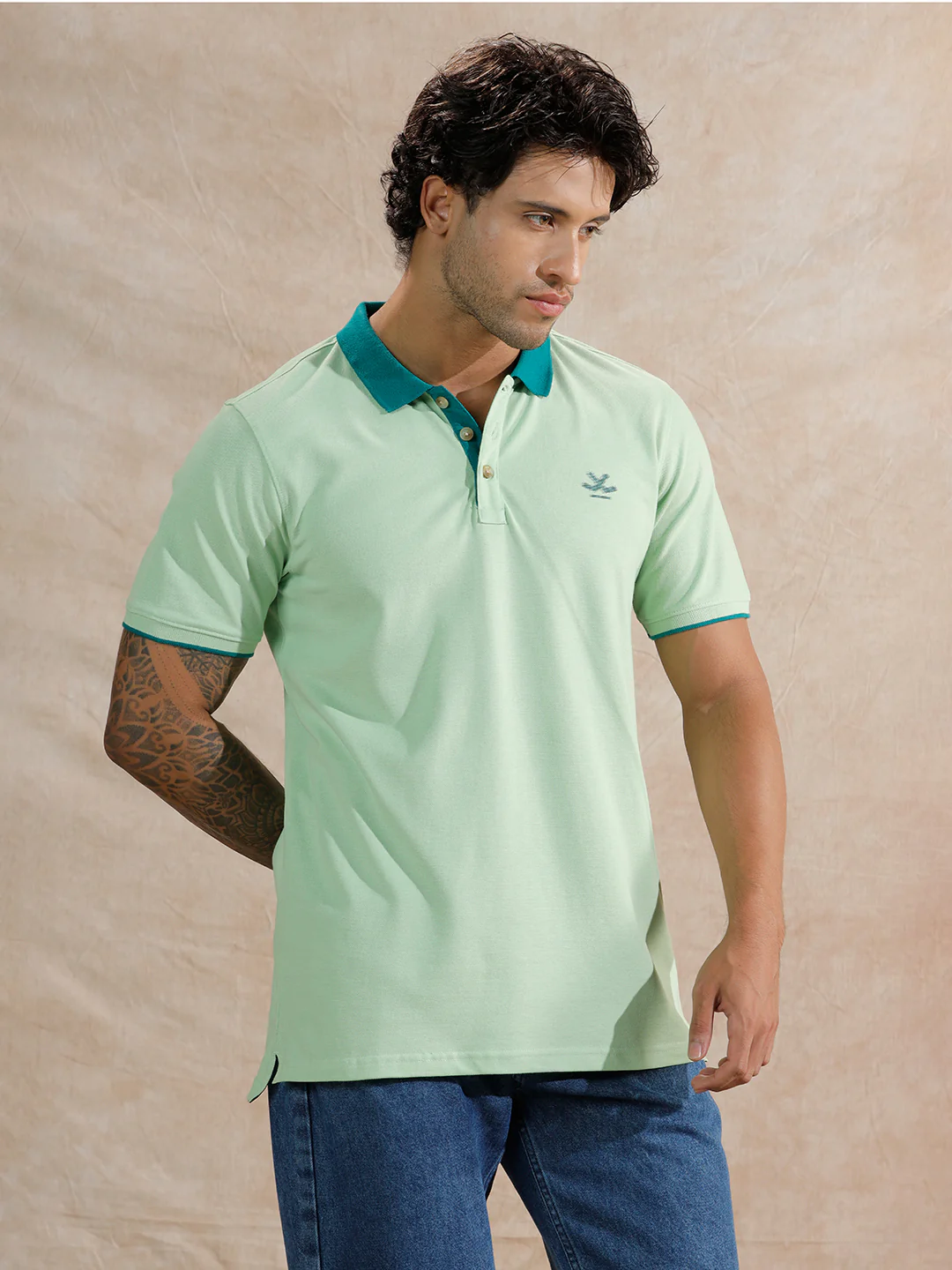 Tonal Collar Slim Fit Polo T-Shirt | Light Green - Image 4