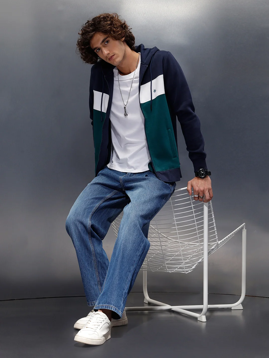 Tonal Colourblock Zipper Hoodie | Blue - Image 2