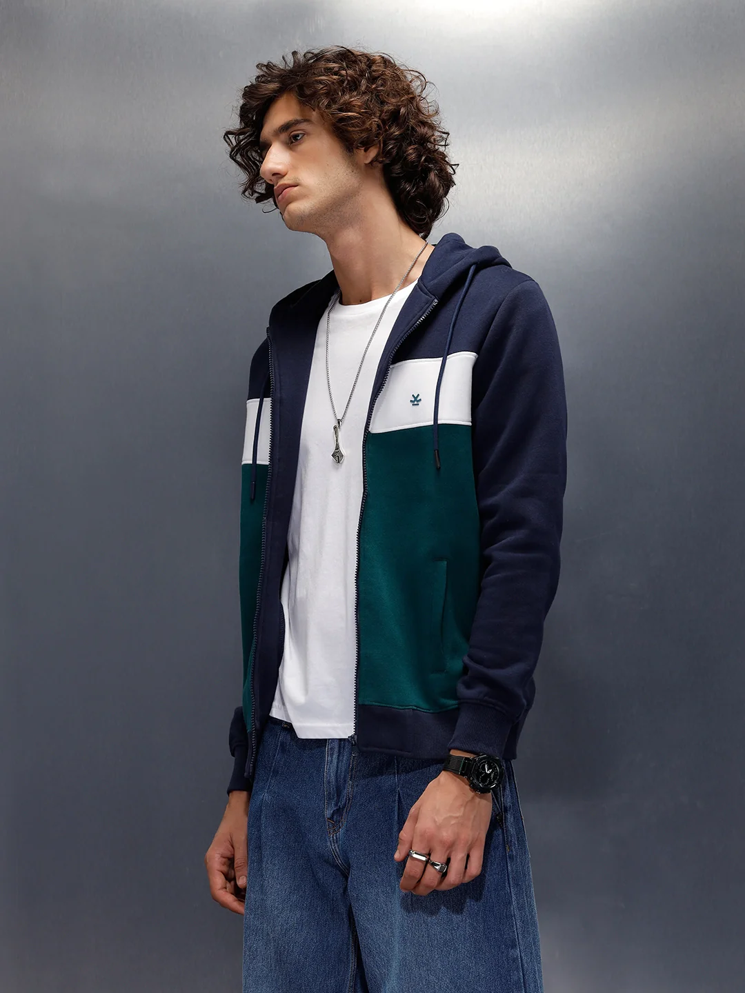 Tonal Colourblock Zipper Hoodie | Blue - Image 4