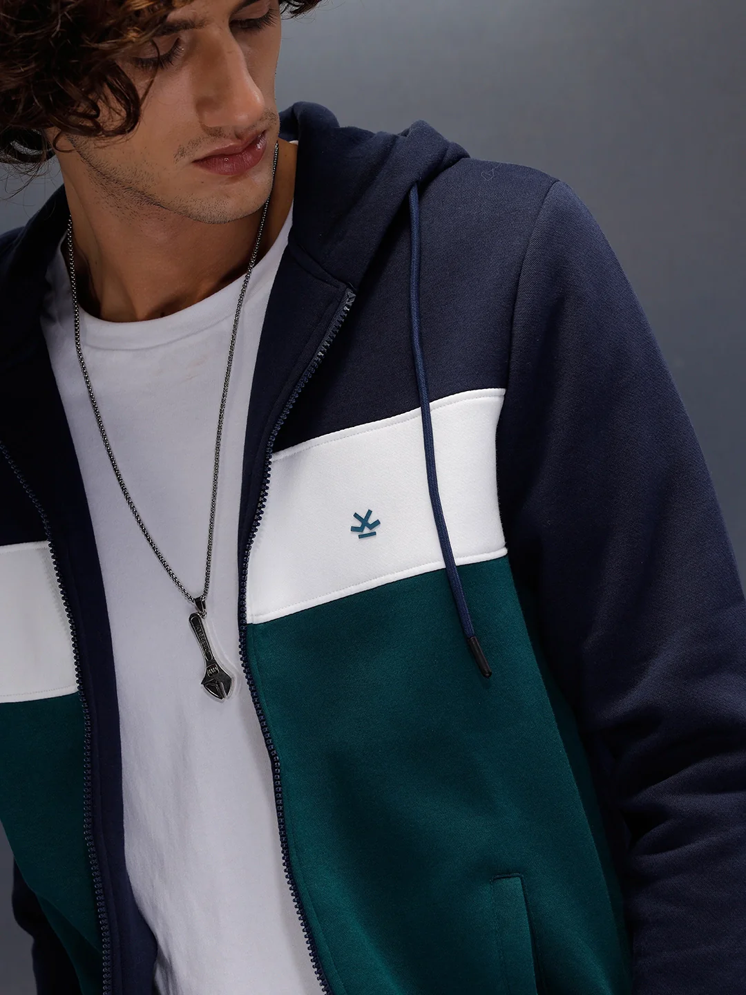 Tonal Colourblock Zipper Hoodie | Blue - Image 5
