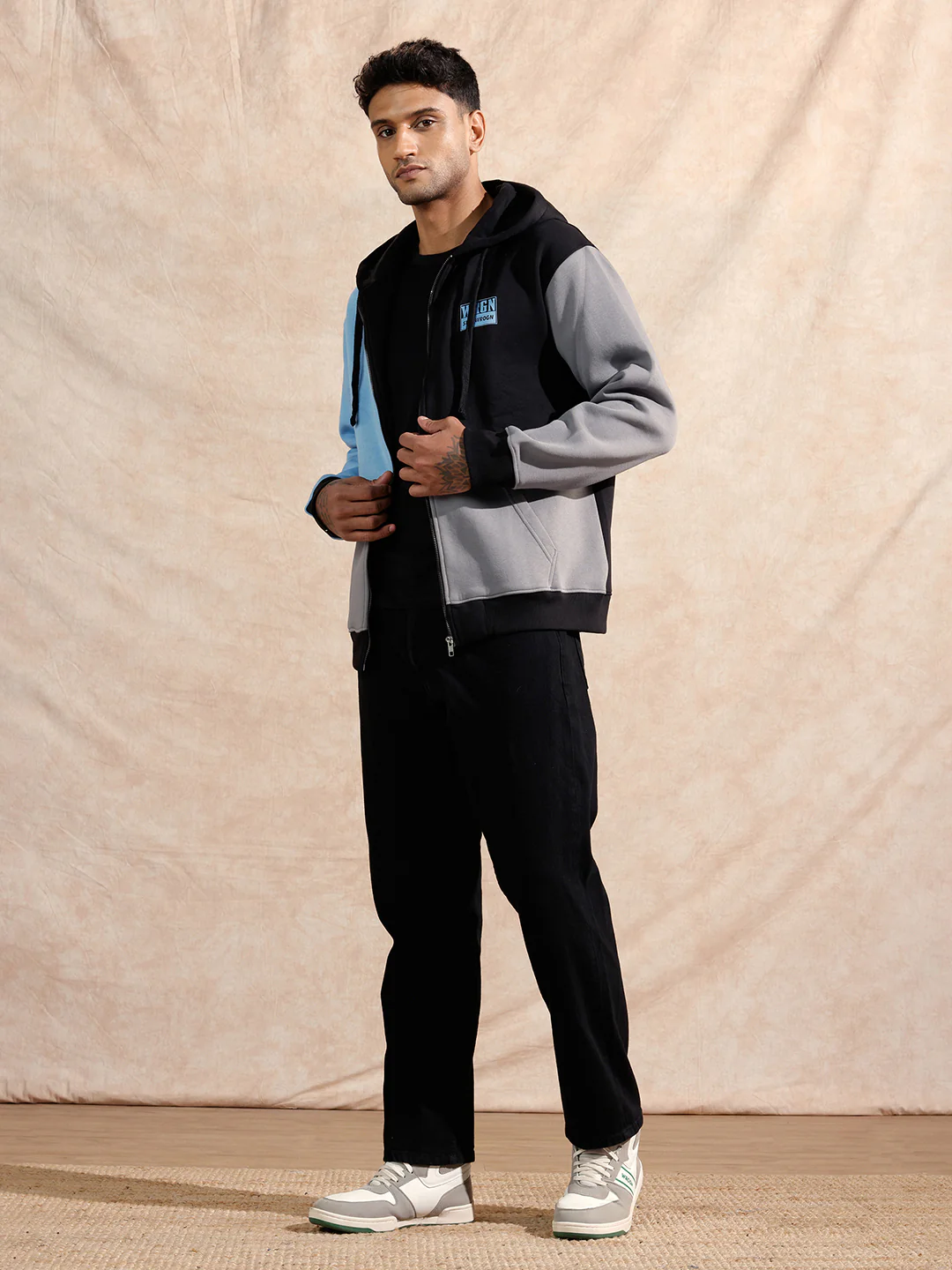 Tonal Colourblocked Hoodie | Black - Image 2