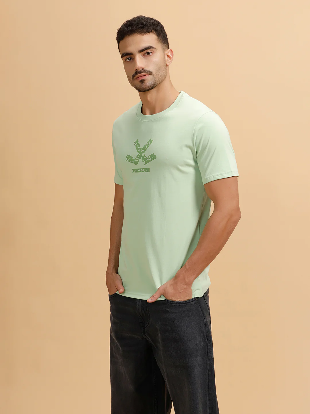 Tonal Logo Printed Slim Fit T-Shirt | Light Green - Image 4